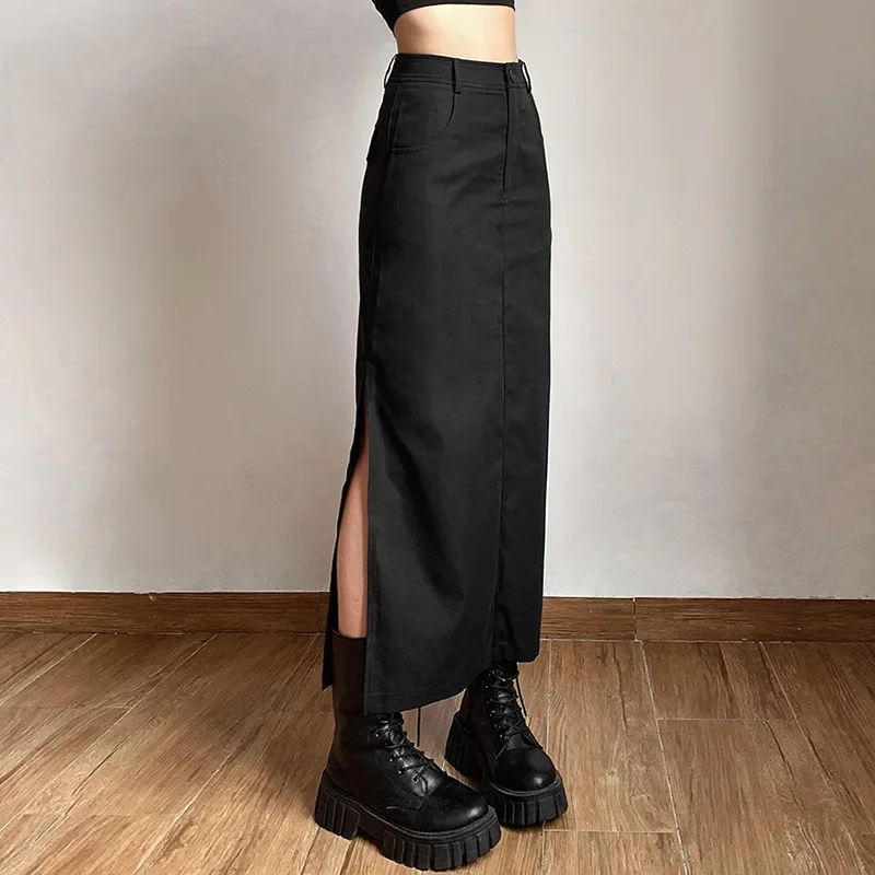 Ženy midi sukne Goth Dark Grunge Príležitostné značky Split Mall Gothic Punk High Raise Slim Long sukňa y2k sexy módne streetwear