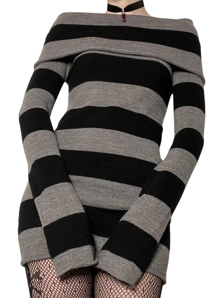 Ženy Mini Bodycon Dress Stripe čln s dlhým rukávom Krátke šaty Spring Autumn zabalené hip party šaty