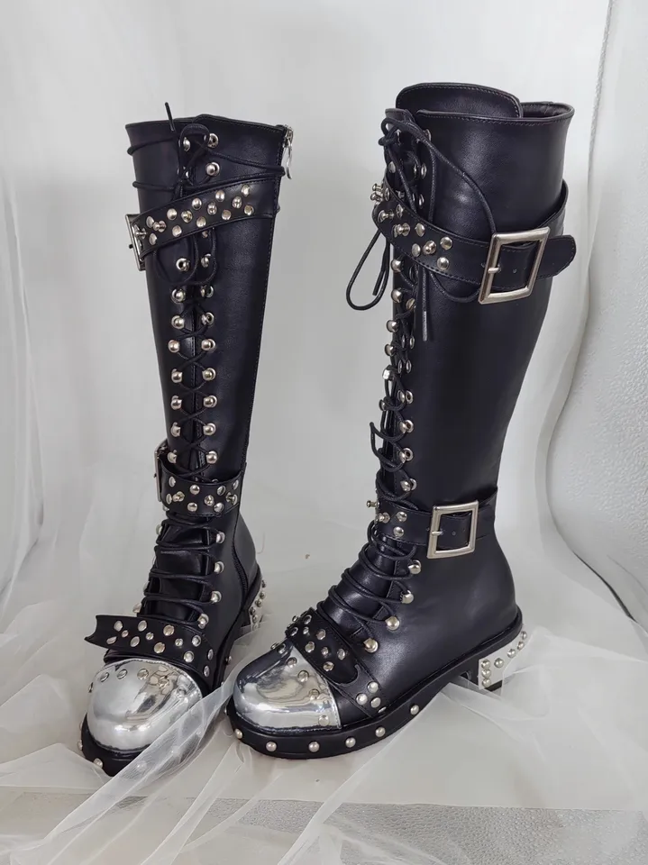 Ženy Motocykel punk rytier dlhé vysoké topánky Žena Nízke podpätky Pumps Pumps Lady Party Shoes Girl Retro Prispôsobené topánky Nivets kov 50