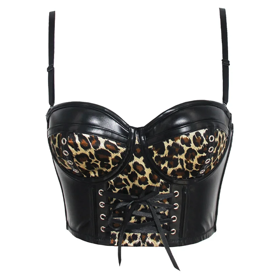 Ženy móda Overbust leopard tlač čierny pu kože korzet plodiny push up sexy bustier podprsenky podprsenky bez rukávov Streetwear