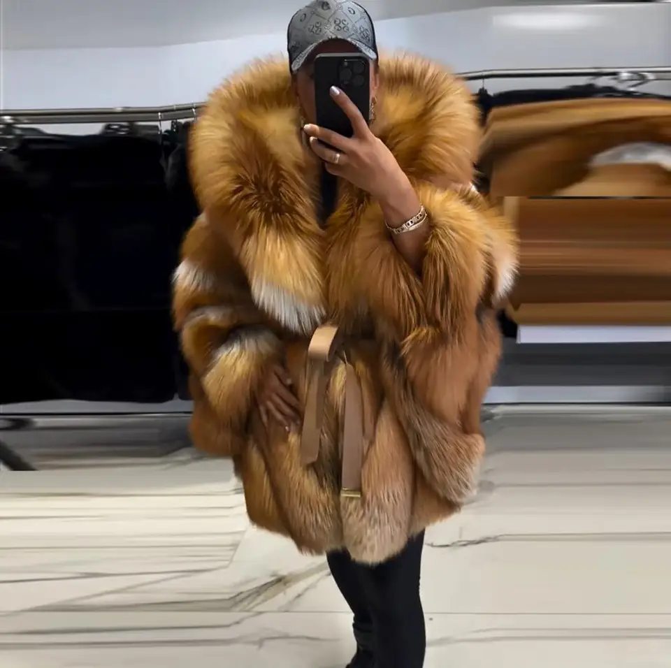 Ženy módne dlhé skutočné červené líšky kožuch s kapustou s kapucňou Vysoko kvalitná prírodná žena Skutočná červená líška kožušiny Coats Casual Outwear Winter