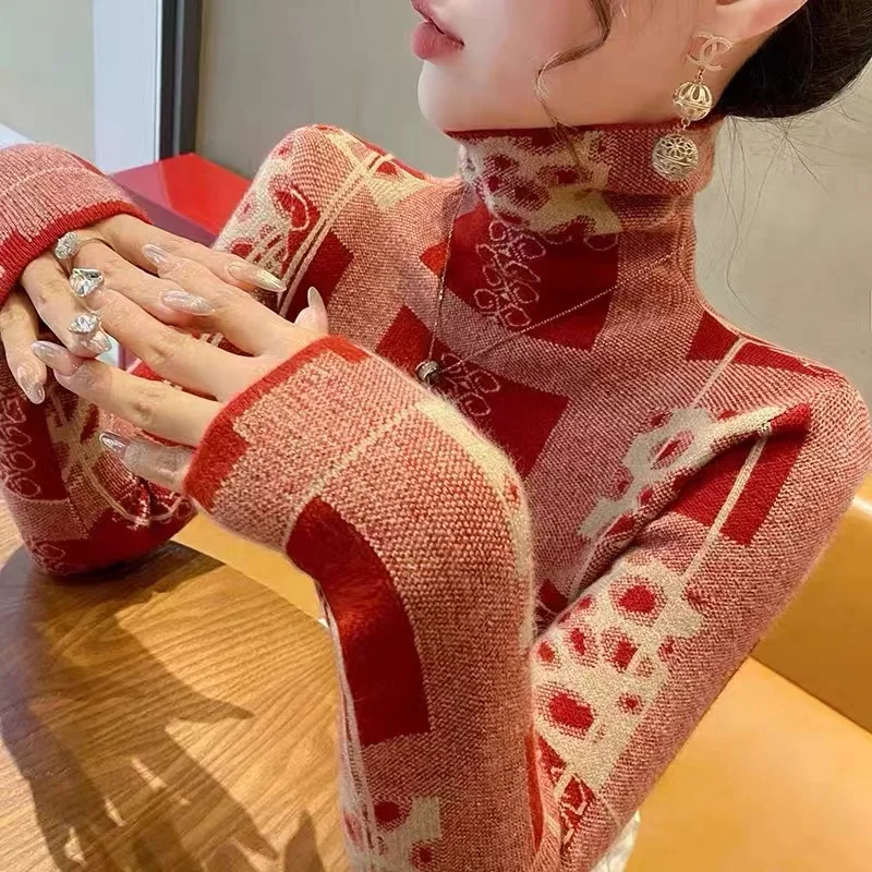Ženy módne elegantné roláky pullovy Pohodlné mäkké elastické štíhle pletené svetre jesenné zimné vinobranie Jacquard Jumper