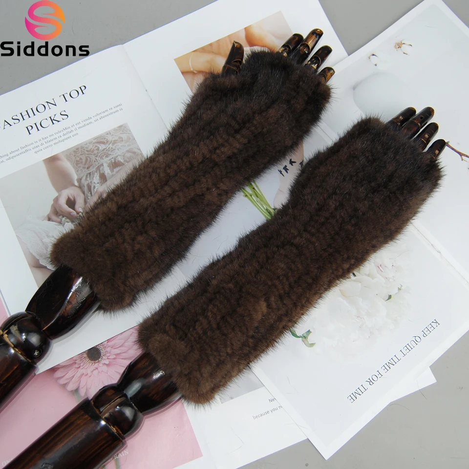 Ženy módne originálne rukavice pletené pletené norky kožušiny bez prstov 30 cm dlhý nový štýl Zimné kožušinové rukavice Ženy Vysoké kožušinové rukavice