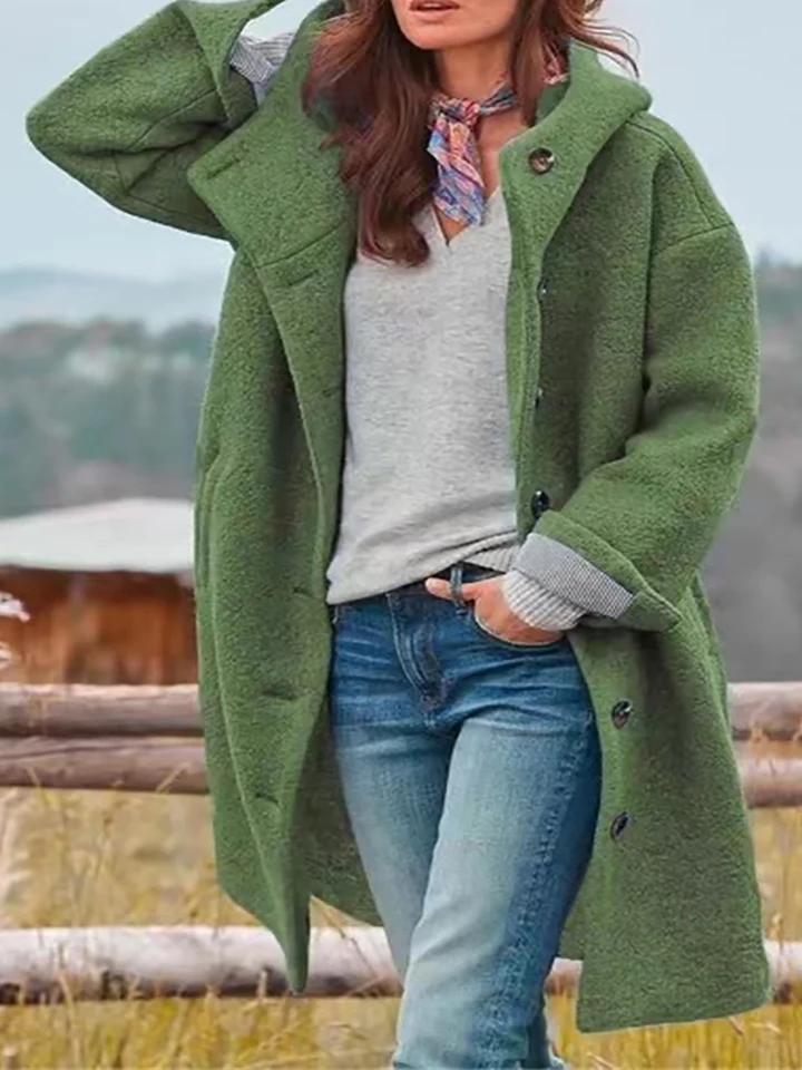 Ženy na jeseň zima 2022 Elegantné vlnené zmesi s dlhým rukávom Coat Lady single Breast Casual Hooded Trend Trend Solid Streetwear