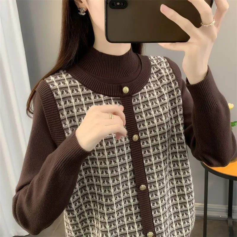 Ženy na jeseň zima Príležitostná kórejská patchwork Jacquard voľný sveter s dlhým rukávom Dámske oblečenie Office Lady Lady Button Fake Dve položky