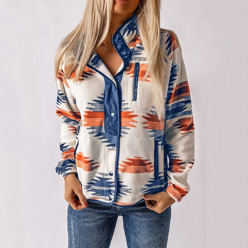 Ženy na jeseň zima Príležitostná teplá bunda Etnický štýl tlačený farebný blok Cardigan módne gombíky UP Coral Fleece bunda Outwear