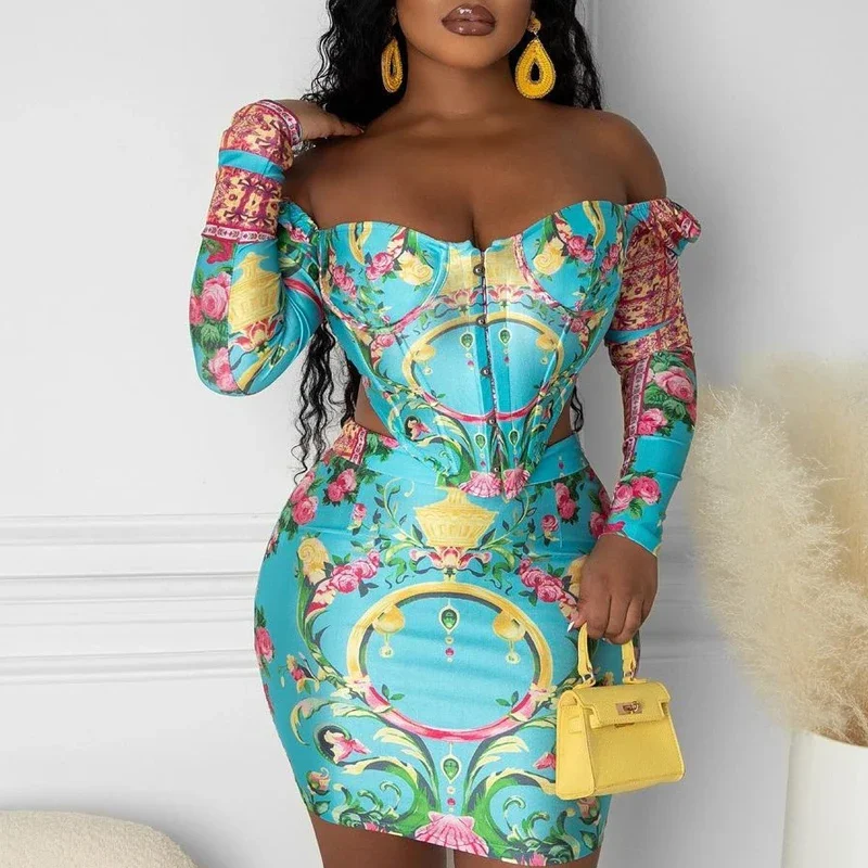 Ženy neformálne studené rameno dlhé rukávy asymetrické mini sexy Bodycon celé súpravy sukne