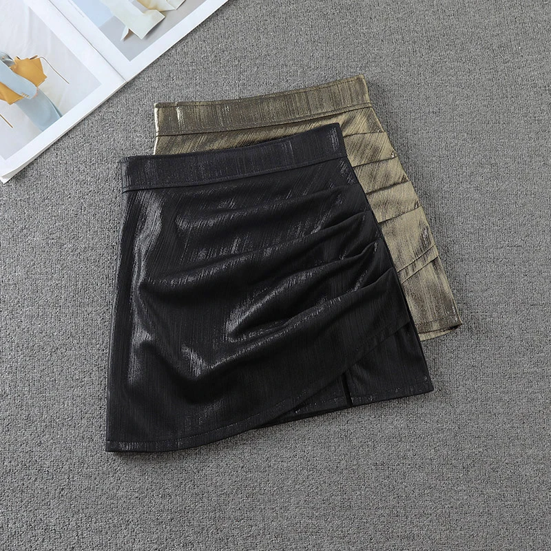 Ženy nové sexy lesklé zlaté rozdelenie Pu sukňa skladané vysoký pás zips zipscon sukňa ženská kancelária Slim Mini A-Line Sumy Summer