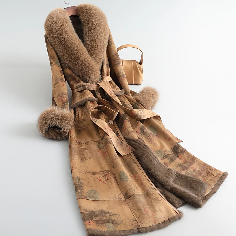 Ženy nový príchod skutočný kožušina módne líška Fox Furt Print a králičie kožušinové podšívka Dlhá teplá bunda JT3424