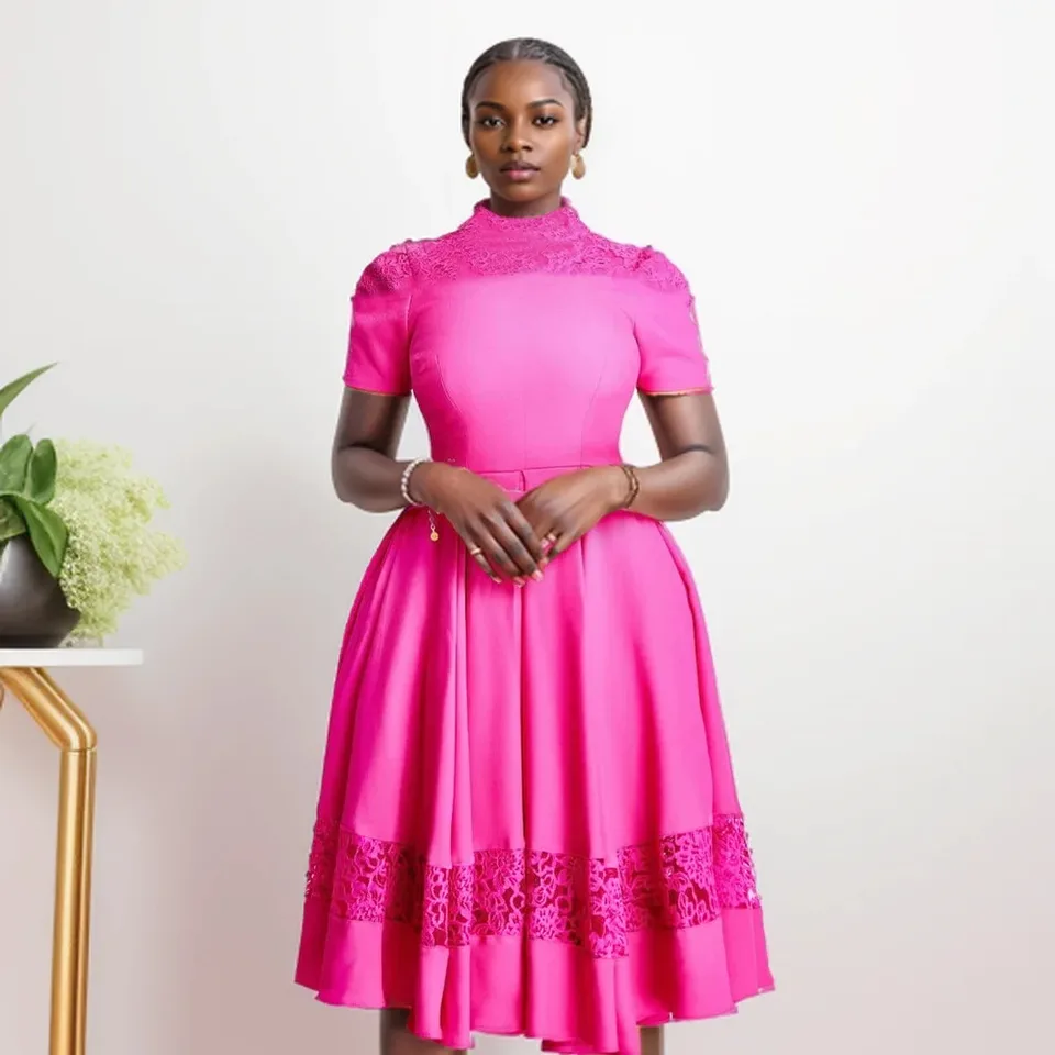 Ženy obliekajú móda nové krátke rukávy s vysokým pásom africké šaty napoly vysoký krk a-line ružové červené štíhle fit elegantné šaty večierkov