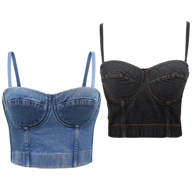 Ženy odnímateľné popruhy plodiny Top retro denim push up bustier corset club Camis 23ge