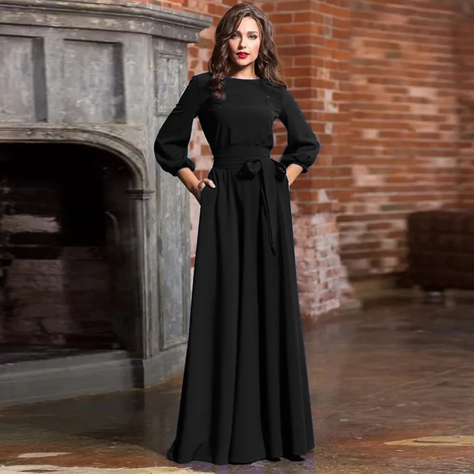 Ženy Party s pásmi šaty letné pevné príležitostné príležitostné dlhé rukávy maxi dlhé šaty elegantné svadobné ples Vestidos para mjer party