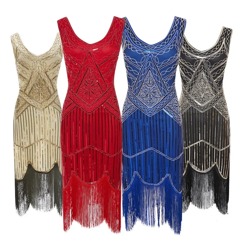Ženy Party šaty 1920 s Great Gatsby Flapper Vestidos Flitry korálky Fringe Dress Even V krk zdobenie strapce bez rukávov