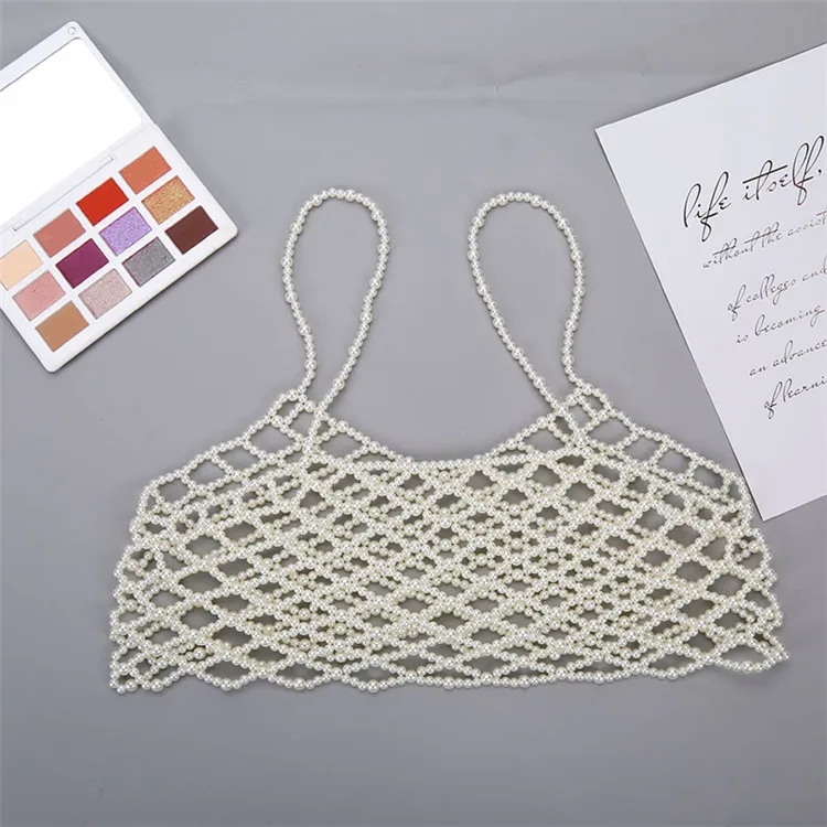 Ženy perlové korálkové plodiny Camisole Topy Sexy Dutlow Out sieťoviny v krku šperky
