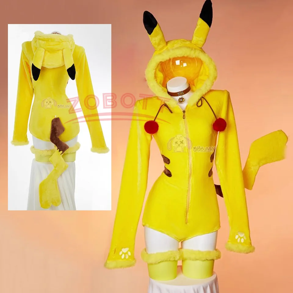 Ženy pikkachu elektrická žltá myš Cosplay kostým roztomilý halloween sexy comper Bodysuit Hooded Belt Tail Anime Doujin Suit