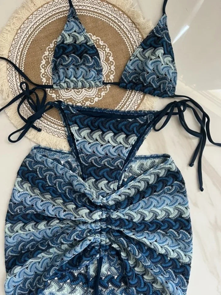 Ženy plavky pletené háčkované bikiny sukňa s tromi dielmi rozdelené plavky bikiny modrá fialová