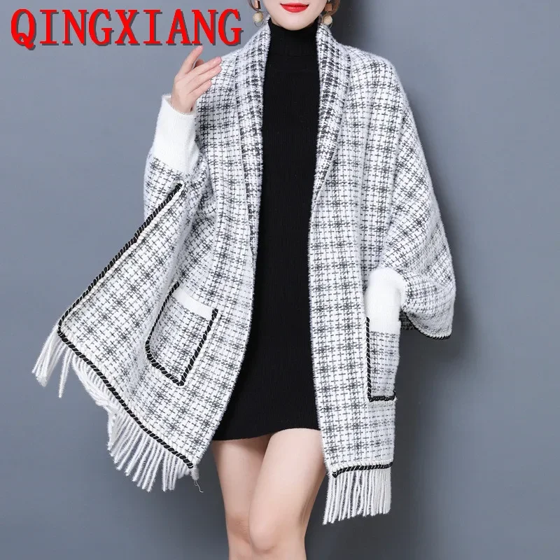 Ženy pletené jesenné kapusy strapce s vreckovým houndstoothom pruhovaným Poncho Faux Mink Mink Linvet Loose Shawl Outstreet Wear Coat