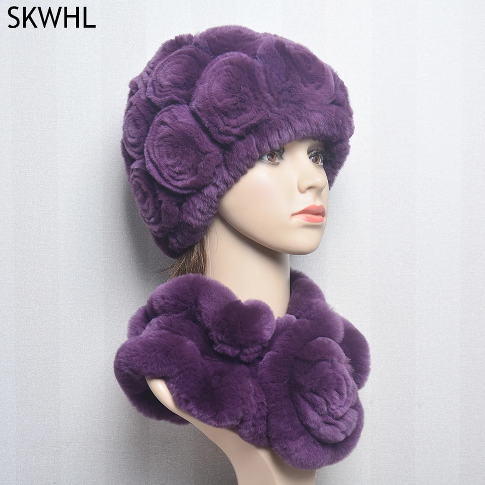Ženy pletené skutočné rex Rabbit kožušinové klobúky Sety Sety Natural Warm Rex Rabbit Curs Curves Hat Winter Lady Real Rex Rabbit Fur Hat Scarf