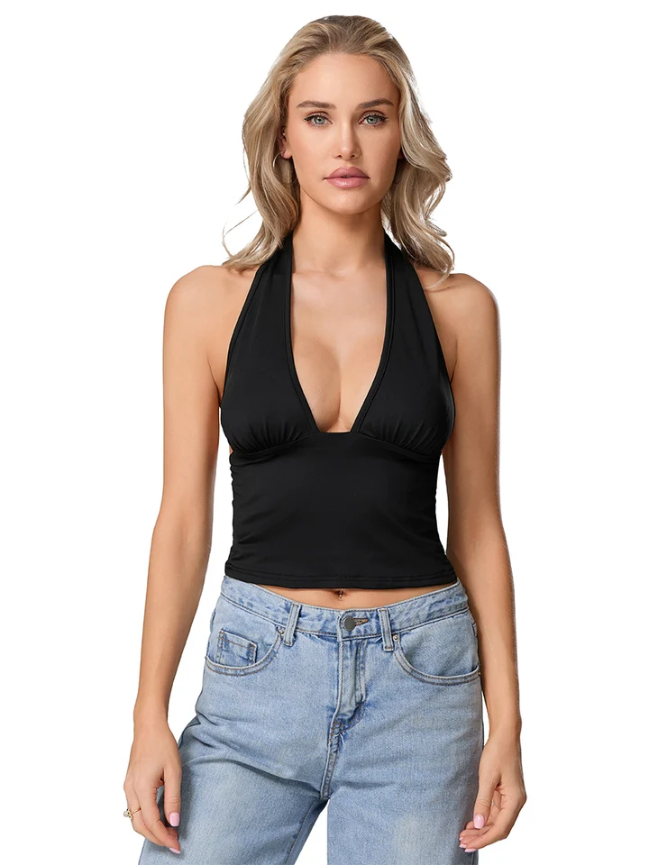 Ženy Plodiny Tops Tops Spevnená farba/leopard tlač hláskový krk hlboký V-krk backless casy