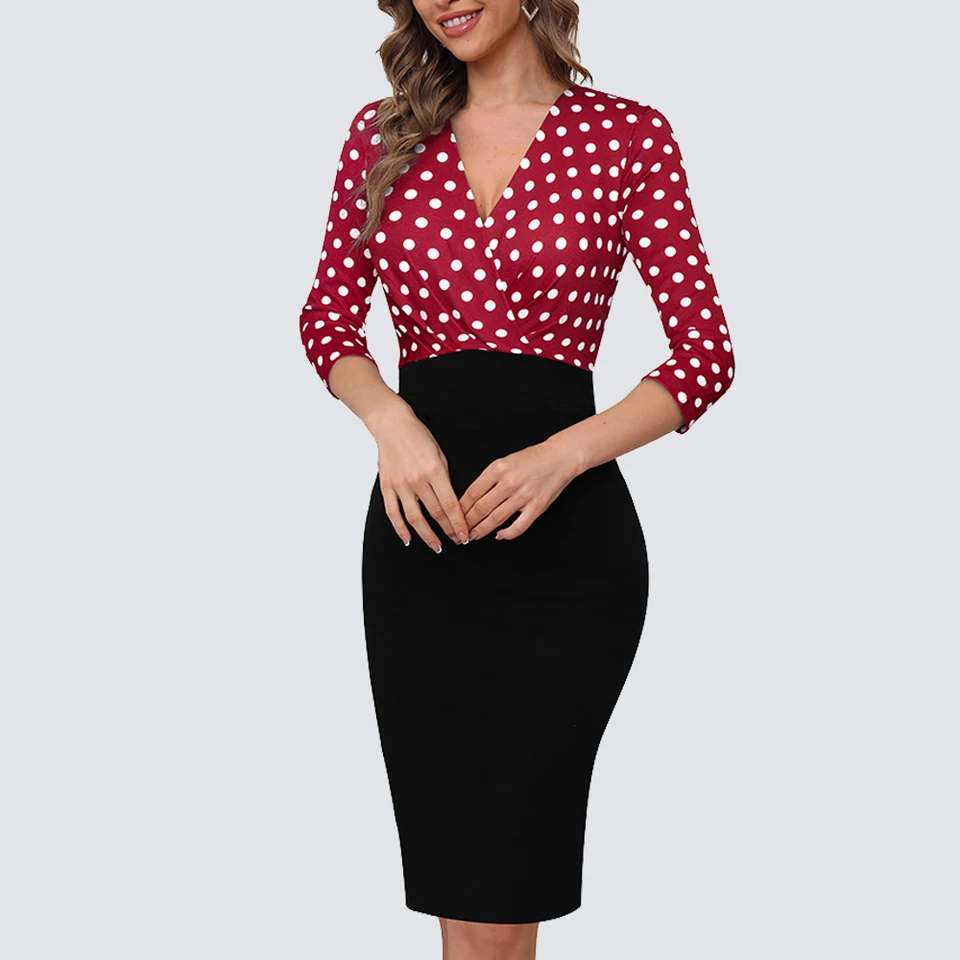 Ženy podnikanie elegantné nízko rezané 3/4 rukávy Polka Dots Lady Office Cencil Cencil Dress HB727