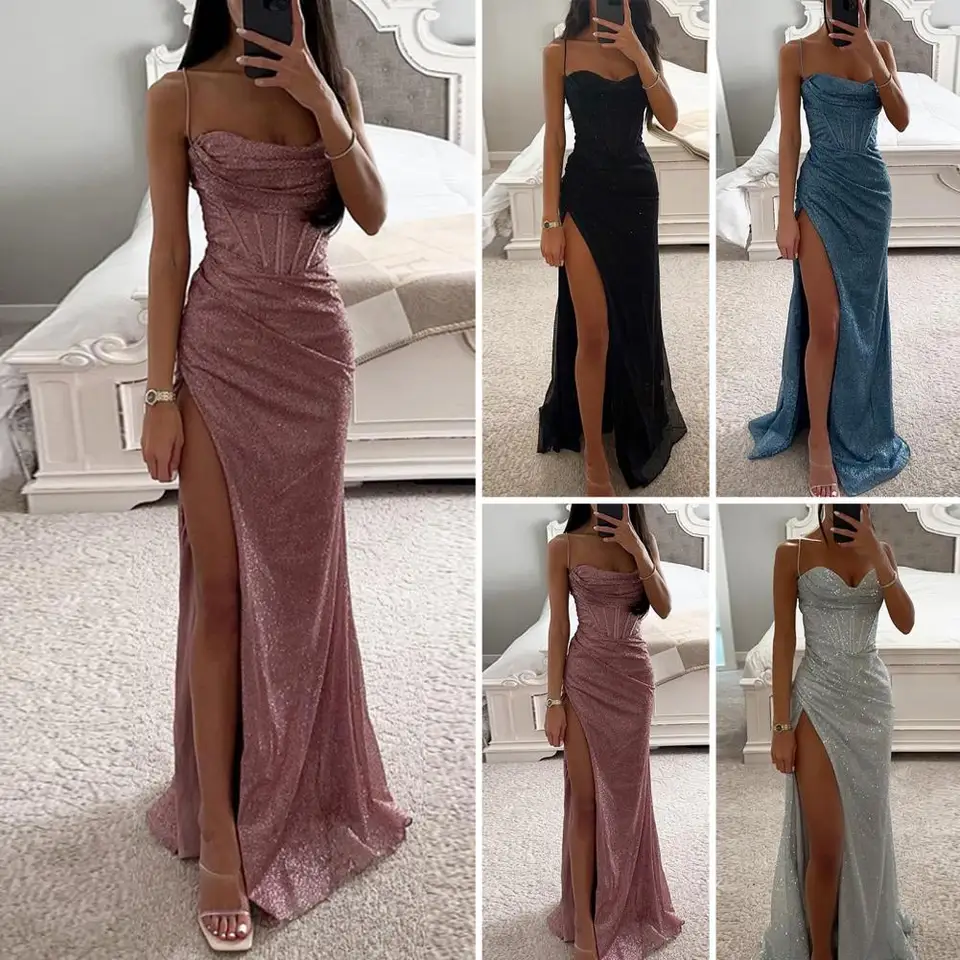Ženy polyester maxi šaty elegantné flitry špagety popruhové večerné šaty s vysokým rozdelením z dizajnu ramena pre formálne