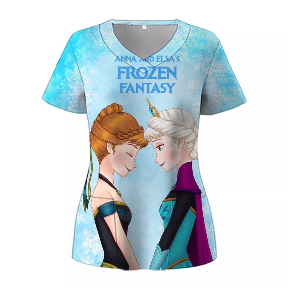 Ženy pracujúce uniforma Disney Princess Princer Mrazivá elsa s krátkym rukávom V Topky V-krk na blúzku femme blúzka sestra práca nosiť lekárske uniformy