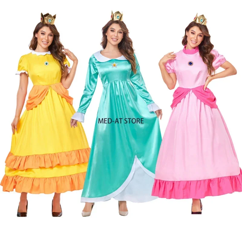 Ženy princezná cosplay kostým galaxia rosalina modrá ružová žltá žltá šaty broskyňa fancy cos halloween maškarné oblečenie oblečenie koruna