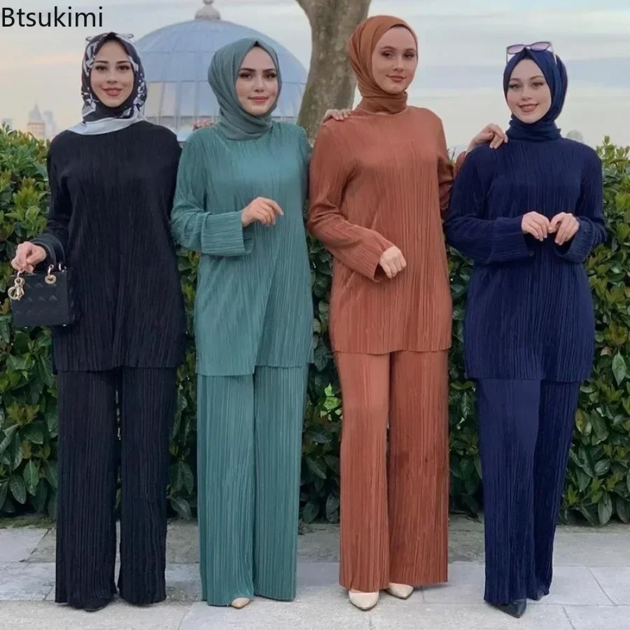 Ženy Príležitostné vinobranie moslimské súpravy Ramadán Abaya Hidžab Turecko Dubaj kaftan modlitebné šaty Šírka nohavice nohavice 2 PCS Sada Islamské oblečenie