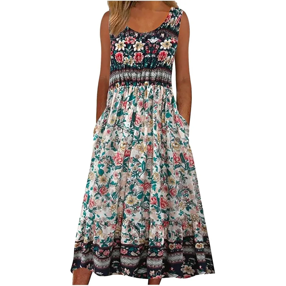 Ženy Príležitostné šaty Camisole Vintage tlačené okrúhle šaty bez rukávov s vreckovým exotickým štýlom maxi Vestidos ženské oblečenie
