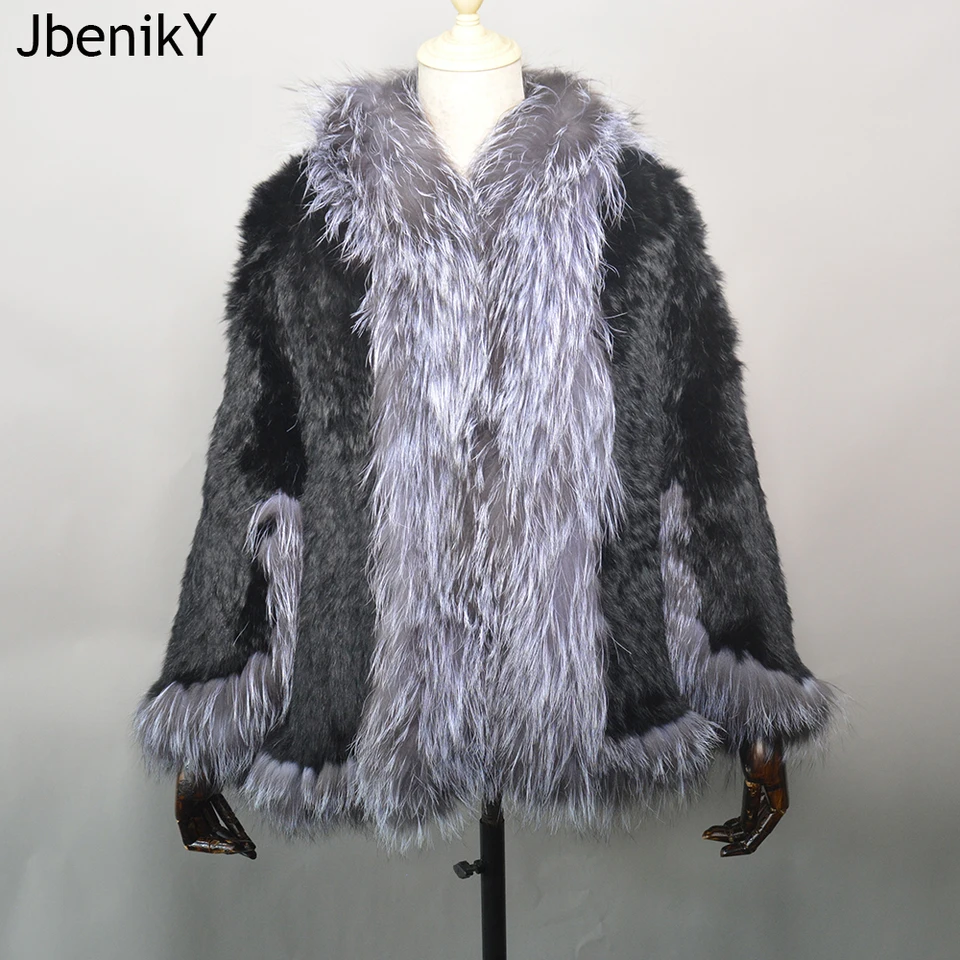 Ženy prírodné králičie kožušinové šatky Bunda Lady pletená králika kožušinová šatka Lady Real Rabbit Fur a Fox Fur Collar Poncho Shawl Coat