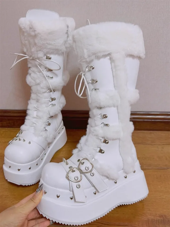 Ženy punk dlhé topánky Žena Vysoké kliny päty pumps pumps pumps topánky Party topánky európsky štýl retro vlastné dievča sladké biele kožušiny 8 cm