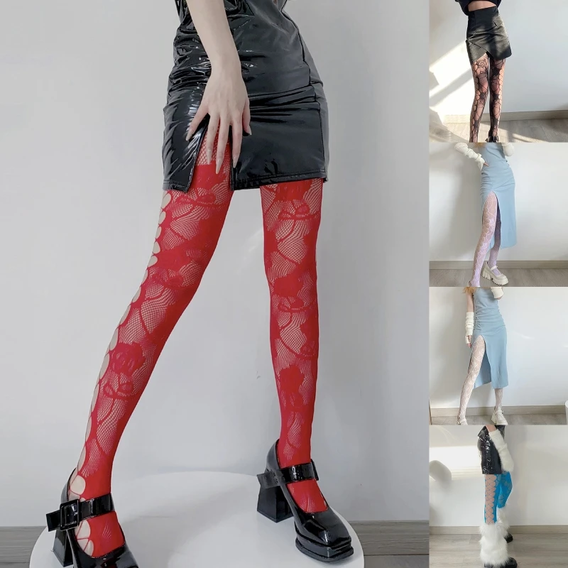 Ženy punk farebné rybolovné pančucháče Strana Crisscross Hole Rose Flower Pattern Tattoo Paneling Sexy číre sieťové pančuchy Clubwea