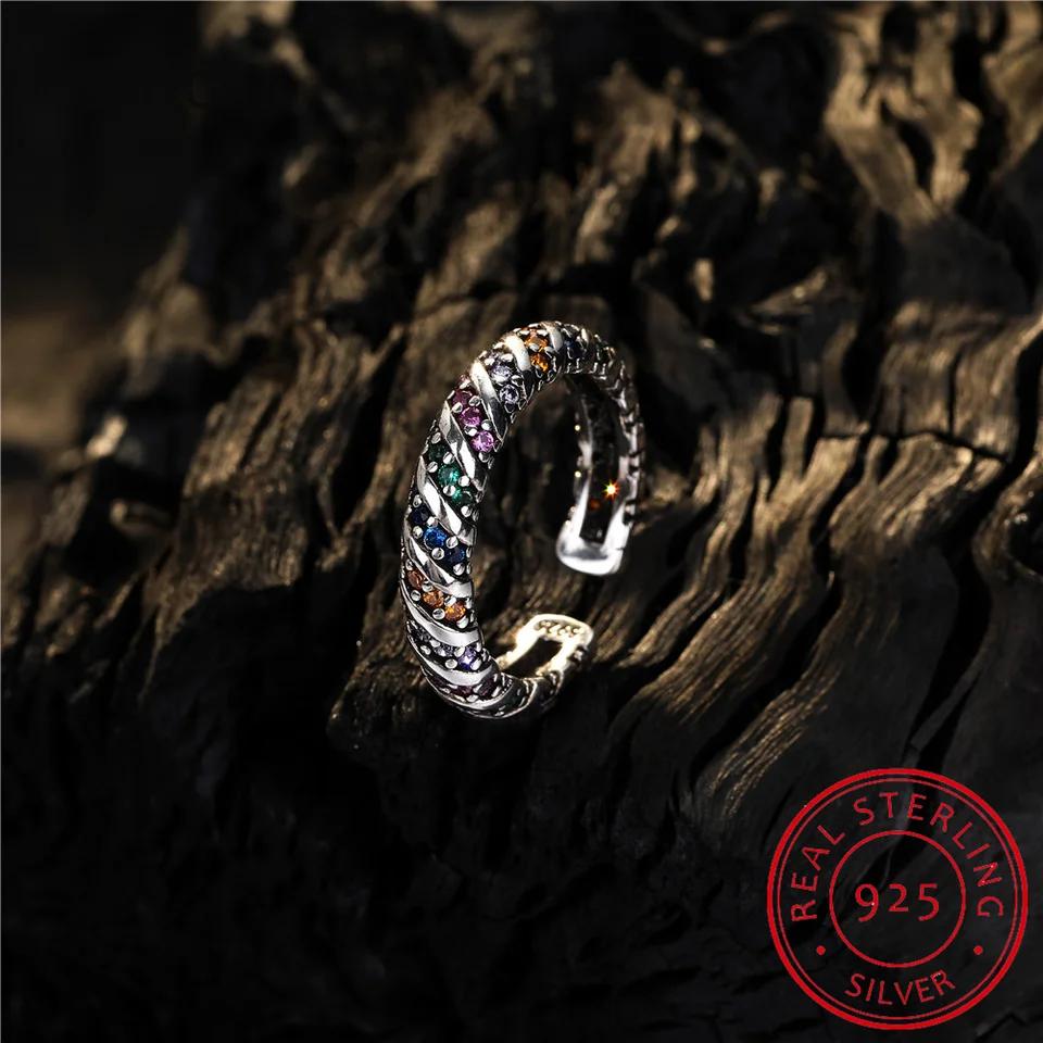 Ženy Real 925 Sterling Silver Colore Zirkón Open Ring Geometrický darček pre mamu Daugther Narodeniny šperky DS3526