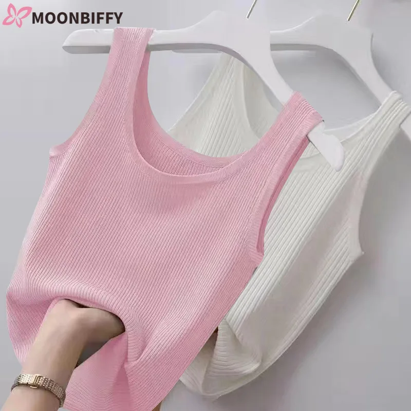Ženy rebrované pletené nádrže vrchné tuhé farebné farby Základné štrajku Camisole bez rukávov Plodiny