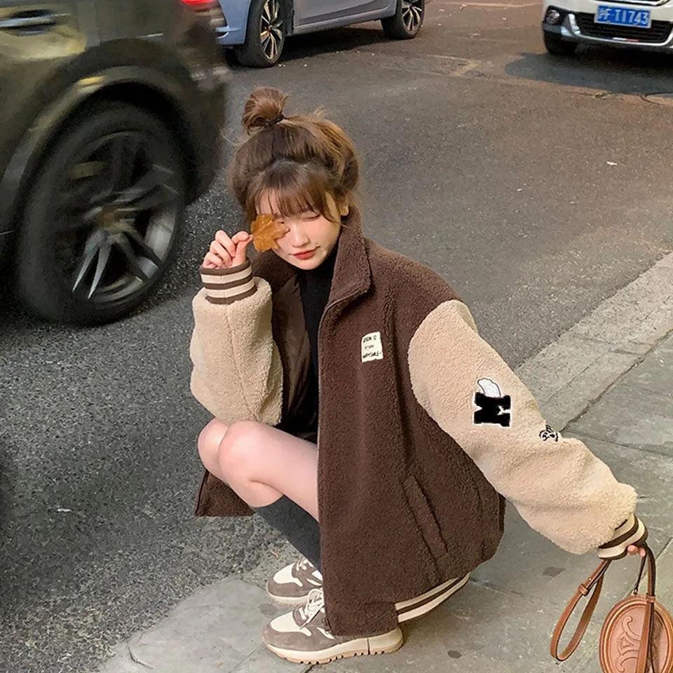 Ženy Red Brown Kórejský módny zimný kabát Vintage baseballové bundy Y2K Mikiny bombardéry hip hop hopu streetwear coetwear