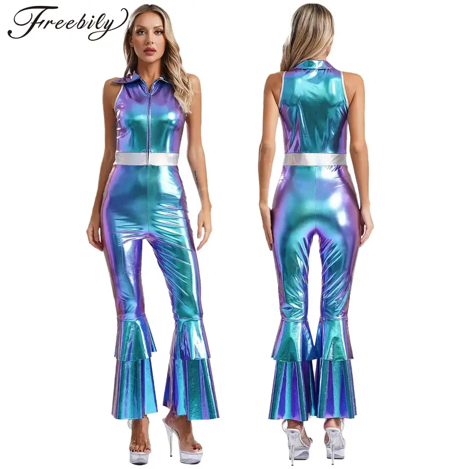 Ženy retro 70. roky disco kombinézy bez rukávov kovové kovové lesklé lesklé BodySuit Halloween Hippie Cosplay kostým stĺpový tanec