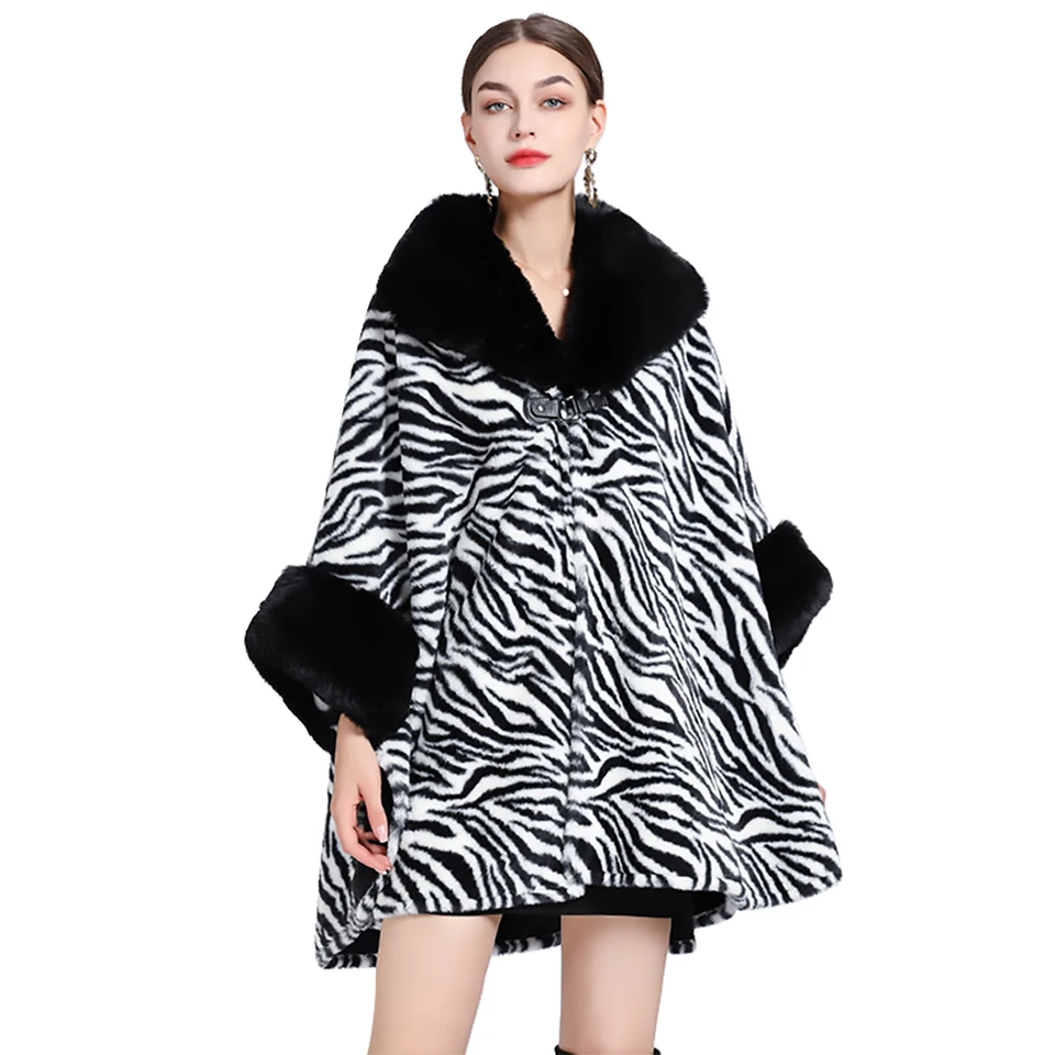 Ženy Rex Rabbit Faux Fur Shawl Lady Luxury Leopard Overcoat Jeseň Zima udržiavajte teplú fleecovú obkladu obklady sexy plášť Zebra Greatcoat