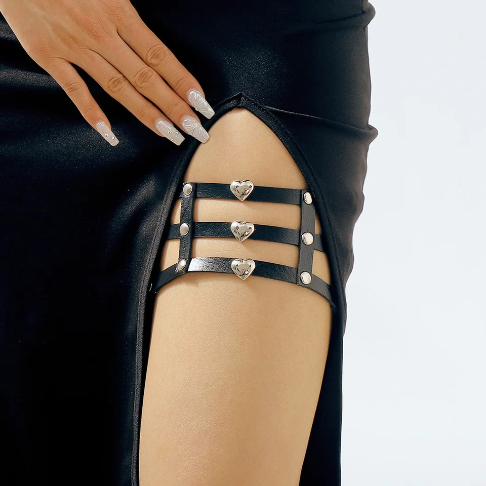 Ženy rock sexy elastická kožená kožená cosplay gotické stehenné nohy príslušenstvo punk goth harajuku čierna viacvrstvová podväzok na srdce