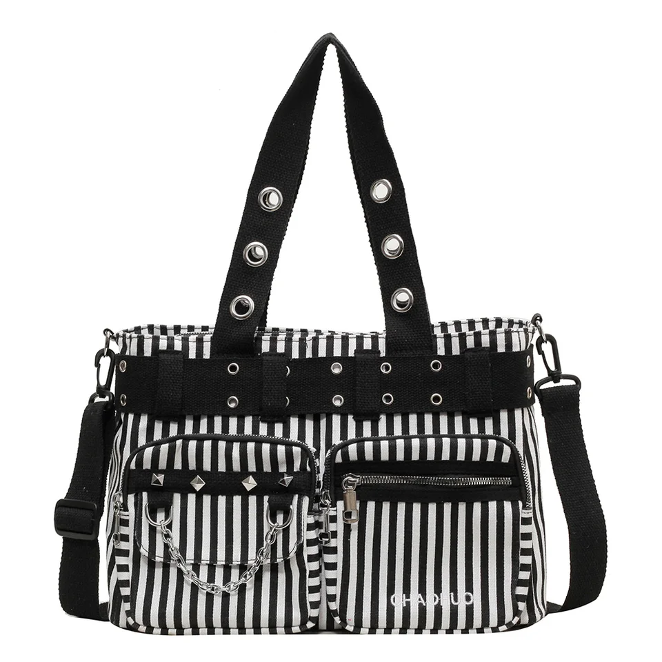 Ženy Rockabilly vrecko na rameno s reťazovým plátnom Rivet Crossbody Bag Zipper Uzavretie Punk Rock Rock Rock Girls Denná taška