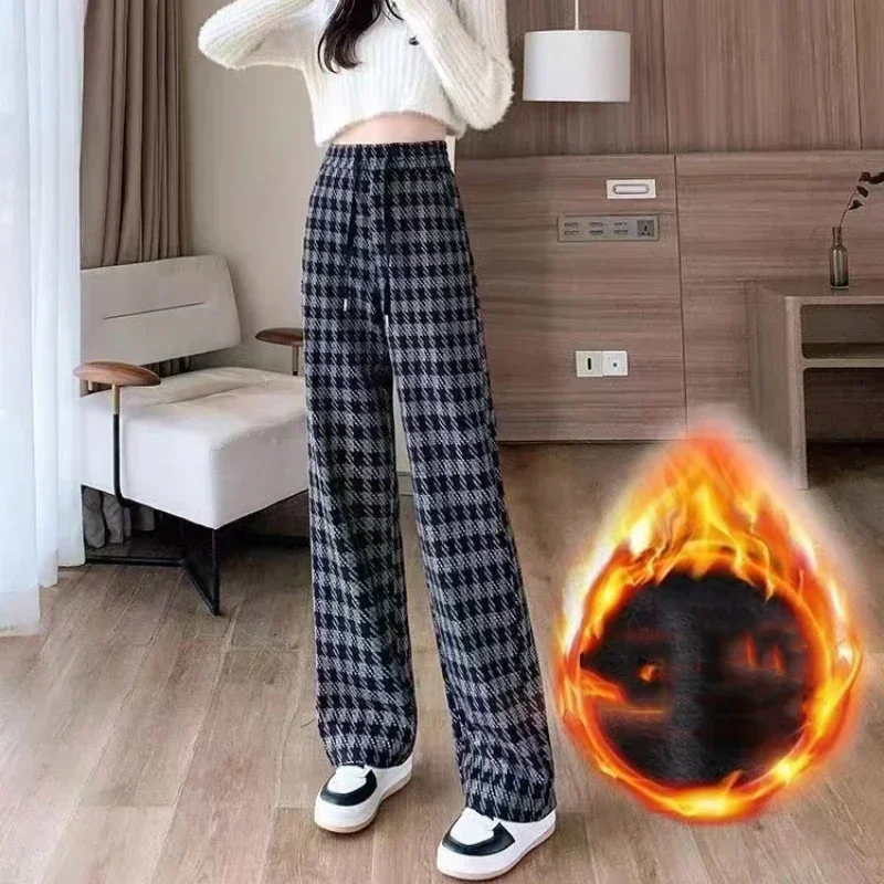 Ženy rovné teplé kancelárske nohavice Plaid Tweed Elastické nohavice s vysokým pásom Zahusťujú tepelné zamatové nohavice so širokou nohami 2024 jeseň zima