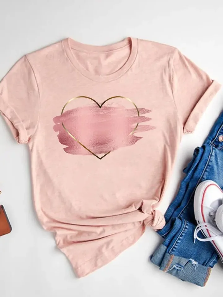 Ženy ružové akvarely láska srdce Sladké móda s krátkym rukávom Tlač Tričko Tee Basic Clothing letné top grafické tričko oblečenie