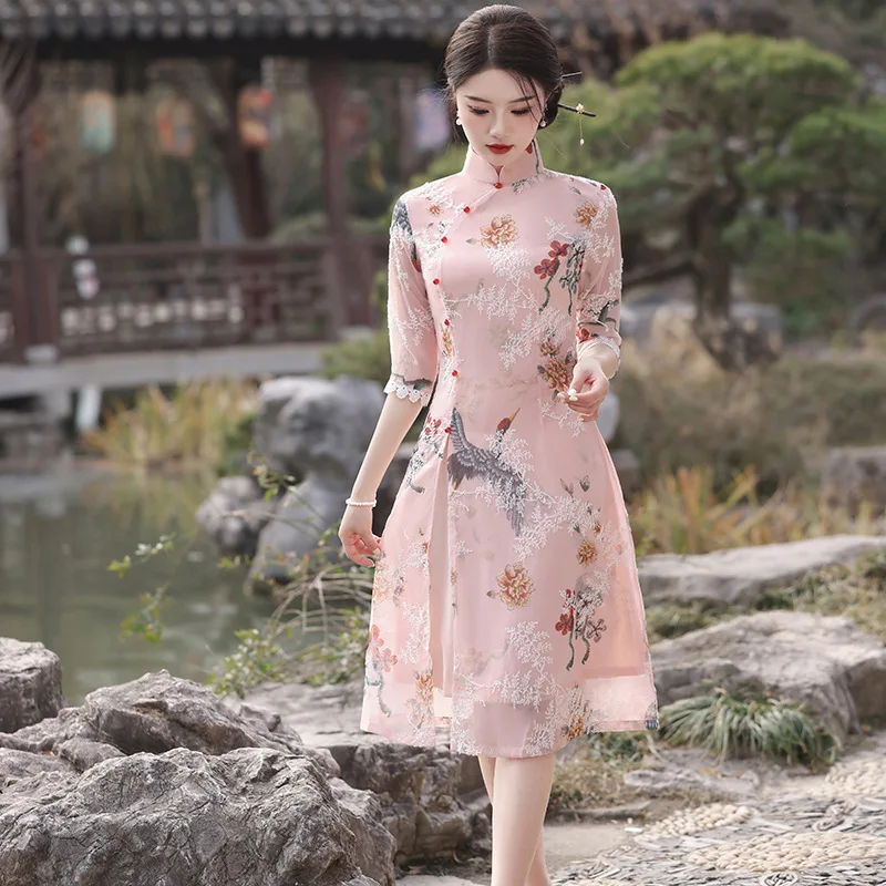 Ženy ružové vyšívanie cheongsam napoly rukáv Slim Plus veľkosť A-line vintage šaty kostým S CONES TO 4XL ELEGANT QIPAO S2509