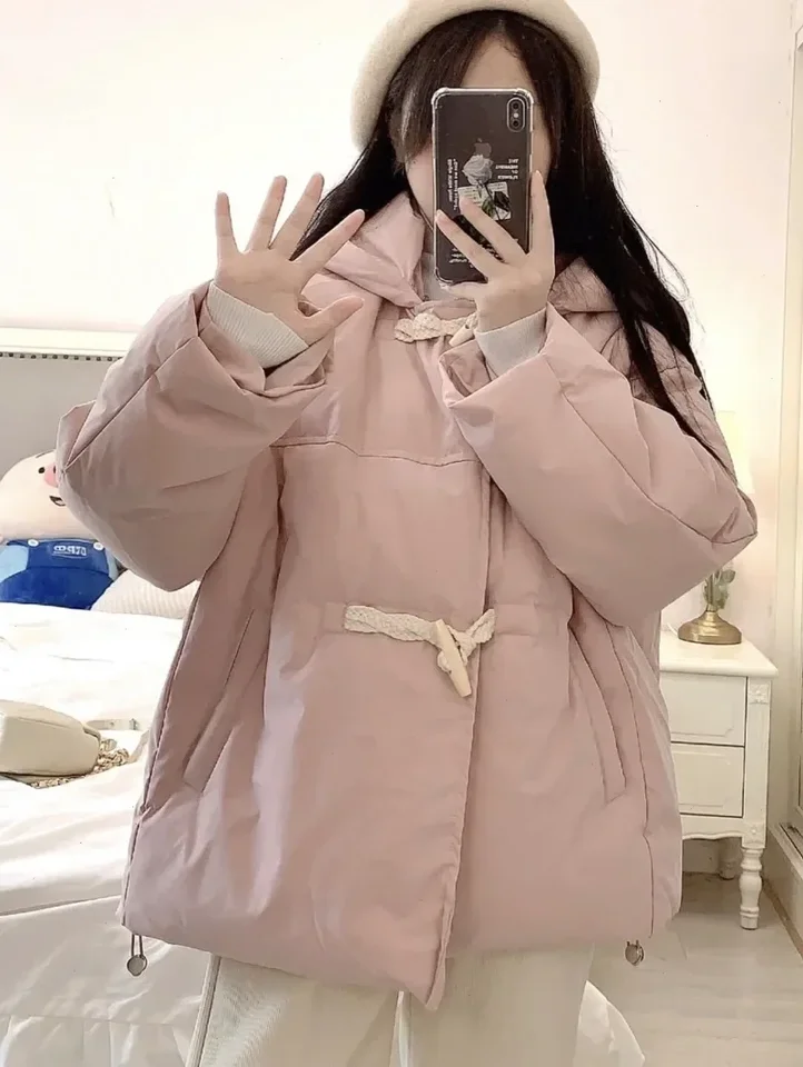 Ženy ružový roh gombíka s kapucňou jesenná zimná zimná elegantná voľná obručová kapucňa Puffer bunda