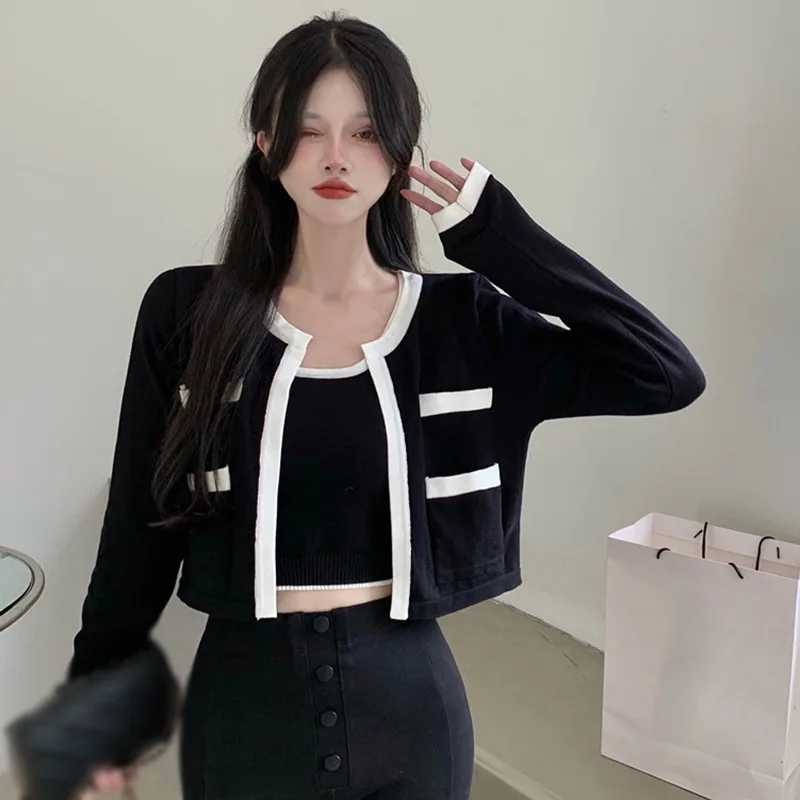 Ženy s dlhým rukávom Cardigans Patchwork Sexy sladké sladké párty útulné nové odevy Ulzzang Mujer Ins (vesta nie je súčasťou)