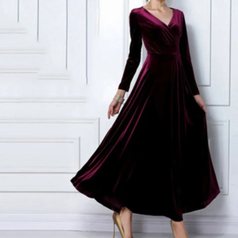 Ženy s dlhým rukávom plesové šaty Sexy v krku zlato zamat Elegantné párty šaty Žena