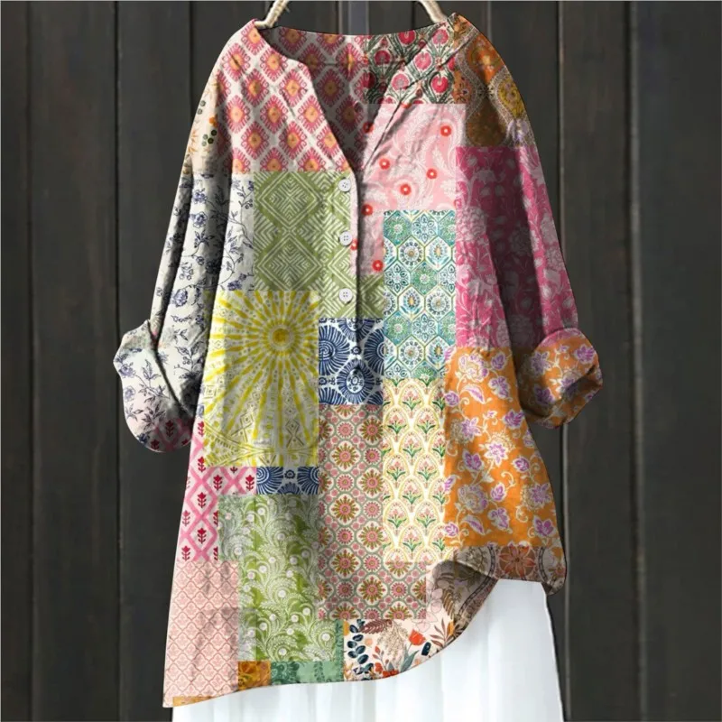 Ženy s dlhým rukávom tlačiarenská blúzka 2024 Jarná jeseň plus veľkosti veľkosti Boho vintage košele Top Lady V-Neck Casual Loose Blusas
