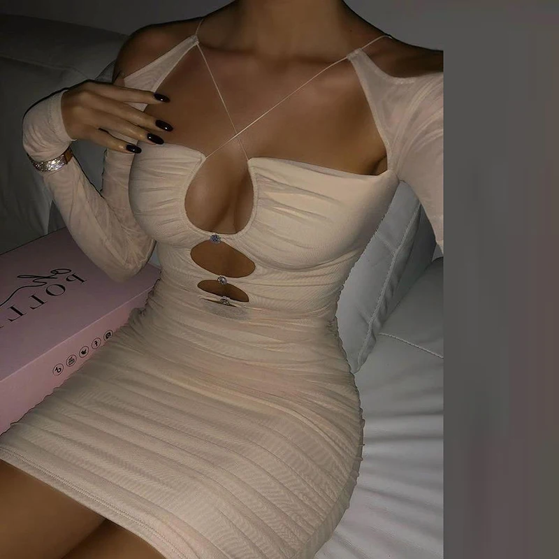 Ženy s dlhými rukávmi Sexy šaty Sexy šnurované šnurované diamanty Ruched Low Cut Backless Double Double Layers Elastic Mini Vestidos