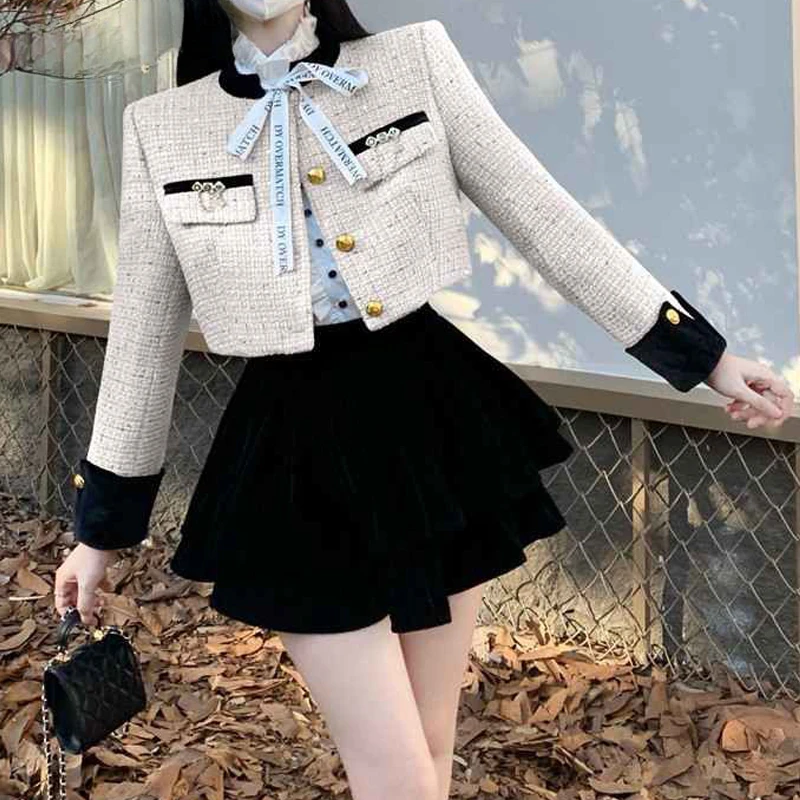 Ženy s dvoma kusmi 2024 jarné jeseň vintage módne elegantné luxusné kabáty Tweed Chic Slim Jacket Sexy vysoký pás Mini sukňa