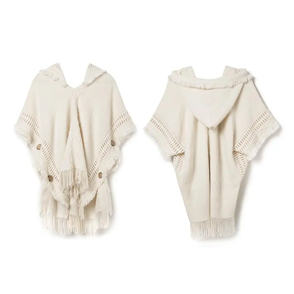 Ženy s kapucňou Cape Shawl Etnický štýl Imitácia kašmíru Sweater šál s strapcami tlačidla retro mys pre ženy jesenná zima