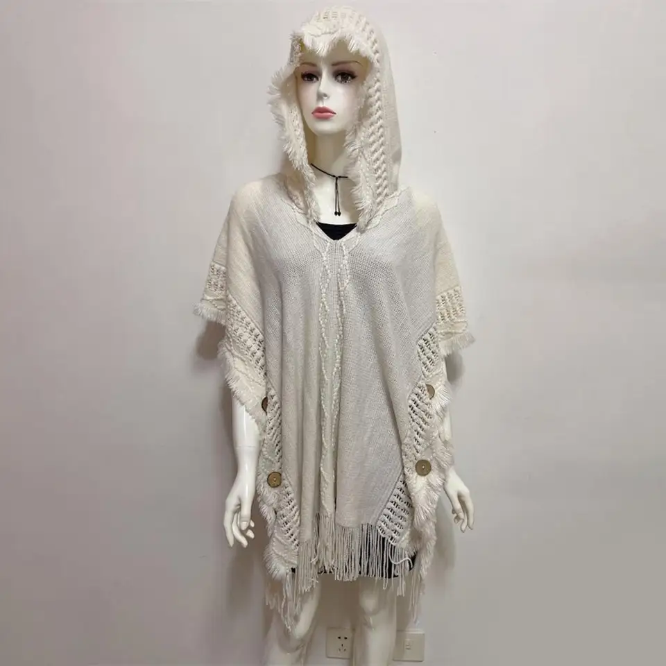 Ženy s kapucňou Cape Shawl Etnický štýl Imitácia kašmíru sveter šál s strapcami gombíky retro pletenie Cape pre ženy jeseň